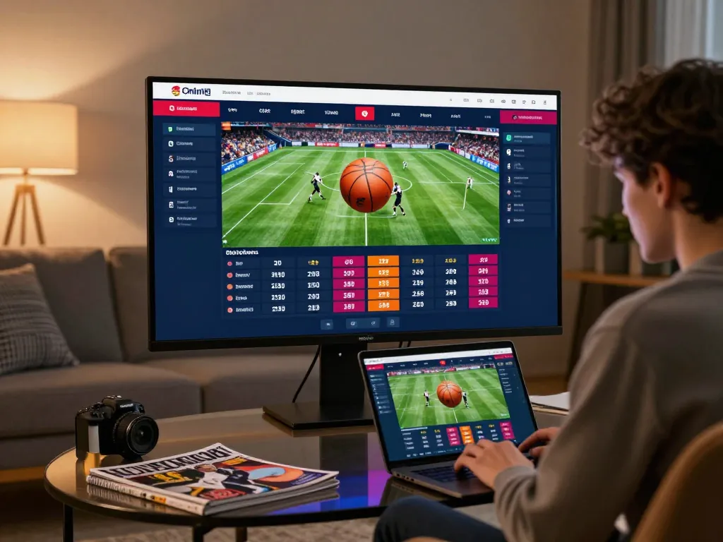 88clb user engaging with live betting on a laptop, surrounded by sports magazines and a cozy atmosphere.