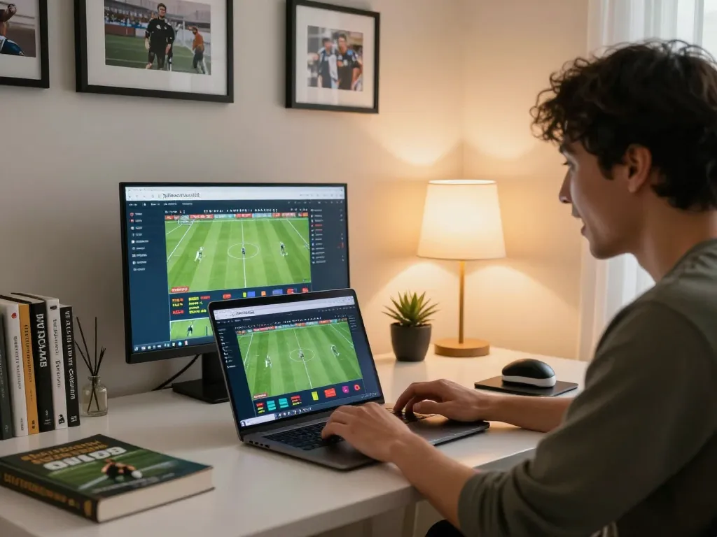 A person strategically betting on football matches at tylekeonhacai88 from a modern home office setup