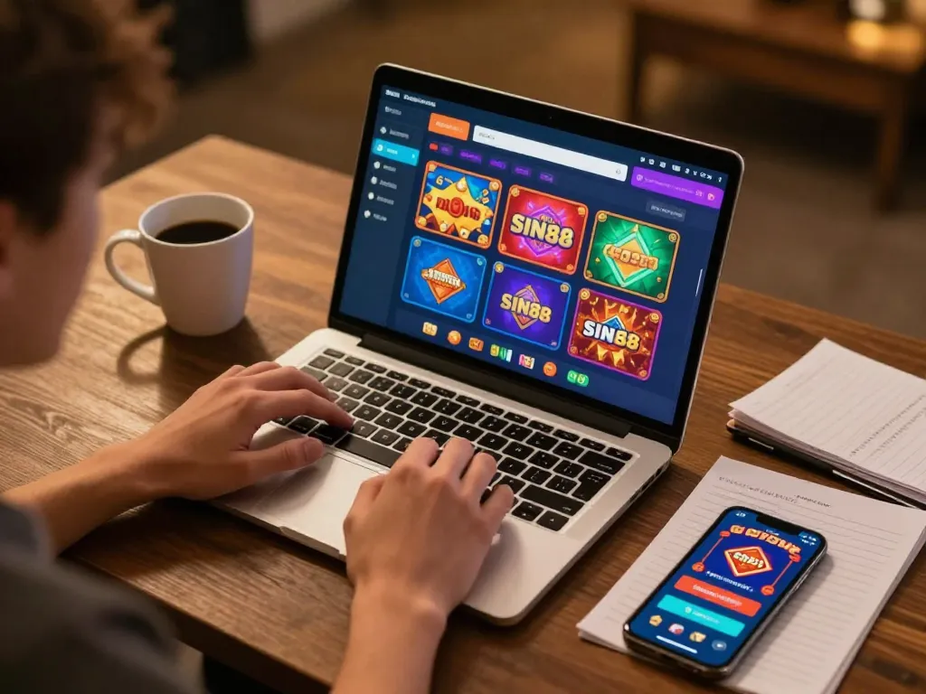 SIN88 player focusing on online casino games with a laptop in a cozy home setup.