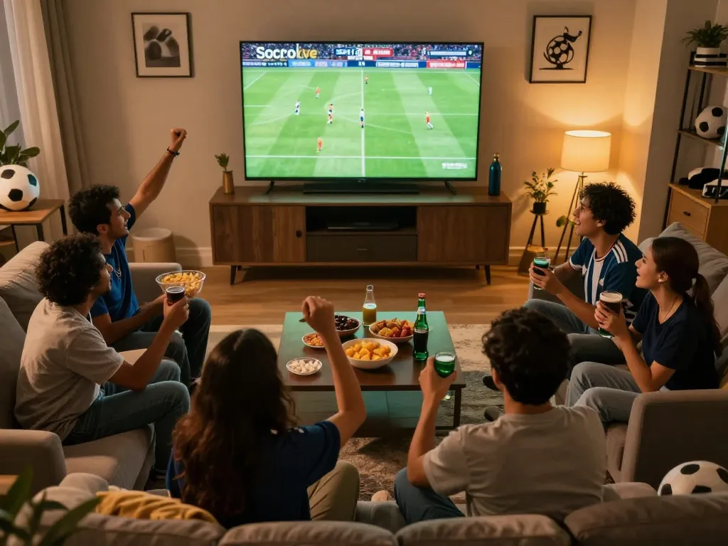 Socolive viewers enjoying a live football match together with HD visuals and snacks.