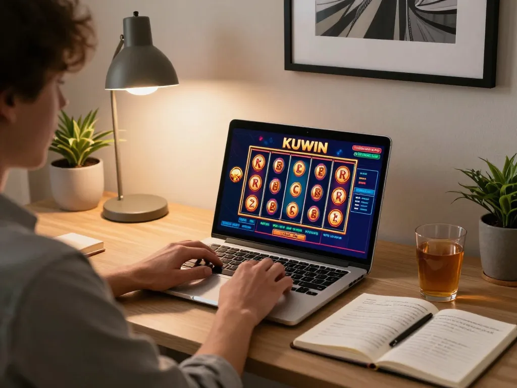 Experience immersive gaming at KUWIN with stylish online setup featuring laptop and strategies.