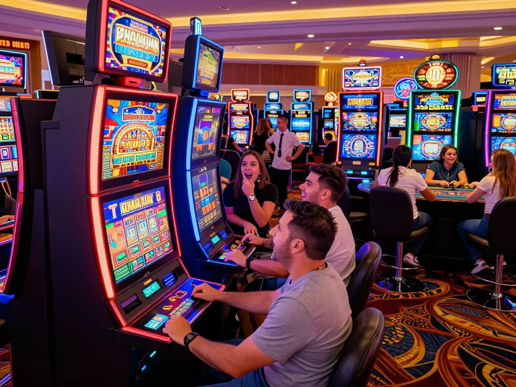 Engaged players enjoying various slot machines at man88 casino, demonstrating excitement and strategy in gambling.