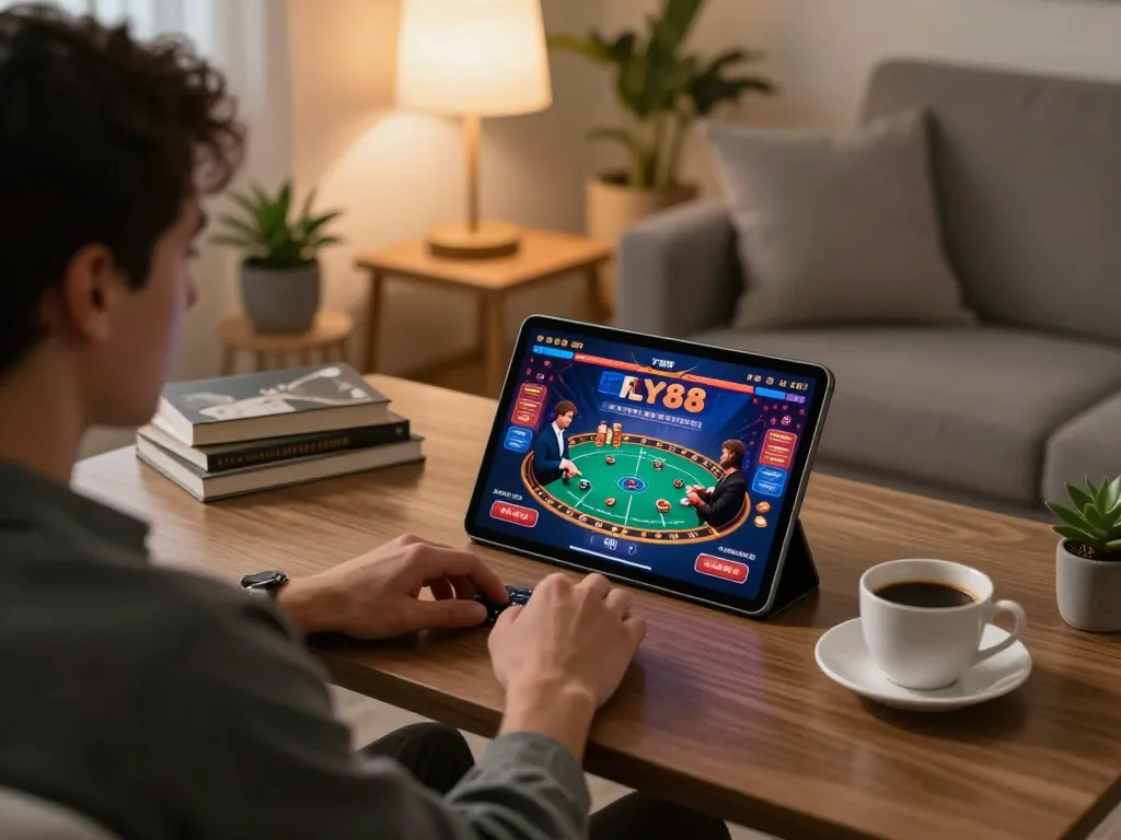 Engaged player using Fly88 casino app on tablet in a cozy setup, highlighting online gambling strategy.