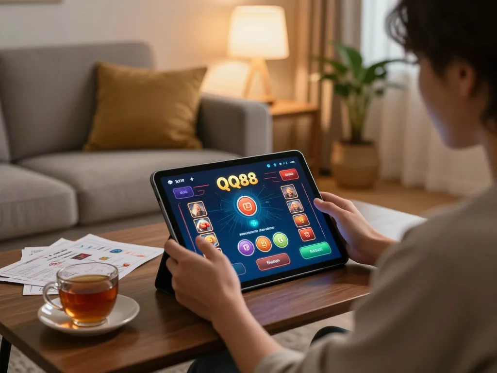 Player enjoying casino games on QQ88 app during cozy home gaming session with strategy notes on table.