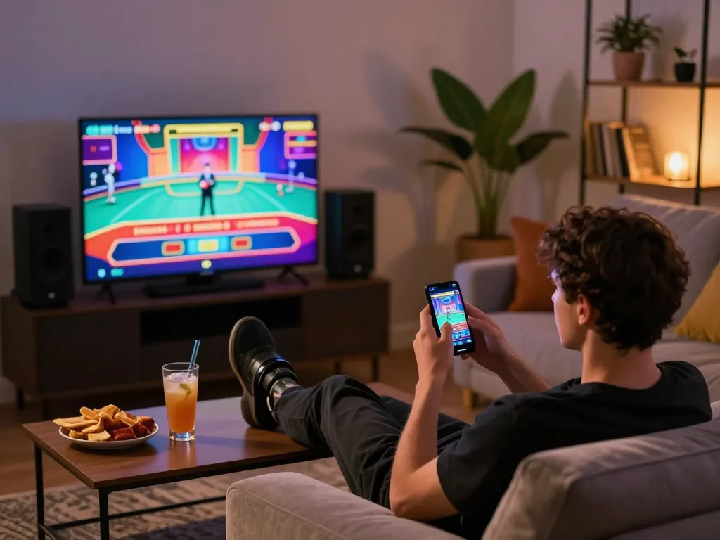 Player engages in a mobile gaming experience with abc8 while enjoying a cozy evening at home.