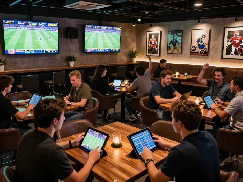 MAY88 bettors enjoying live sports action in a vibrant lounge setting with tablets placed on tables