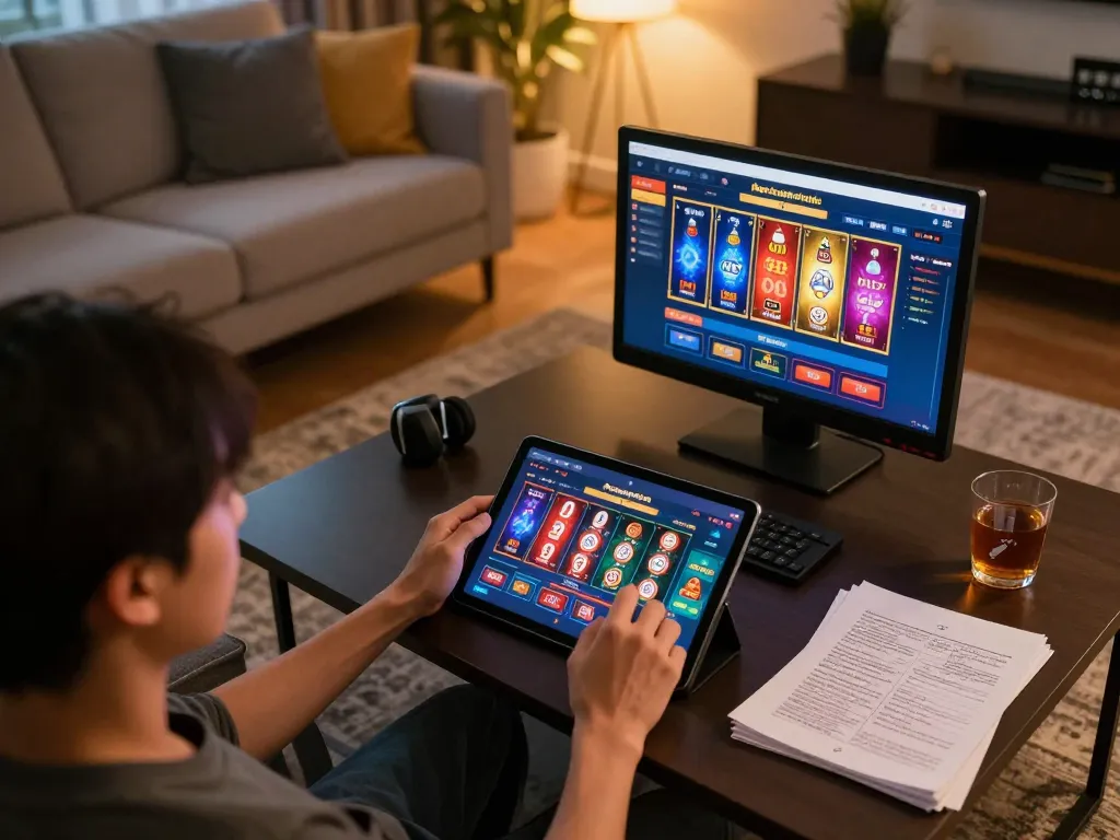 Person enjoying online gaming session at home with tablet showcasing nhacaiuytinn