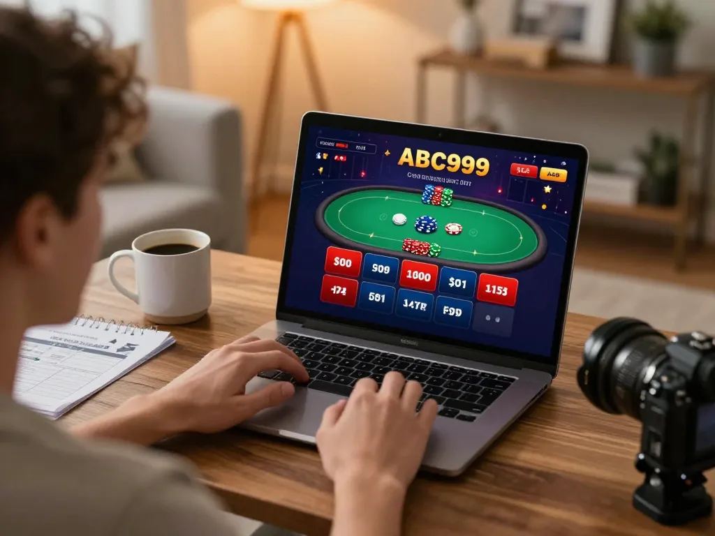 Player enjoying thrilling casino games on ABC999 platform using laptop in a cozy home environment