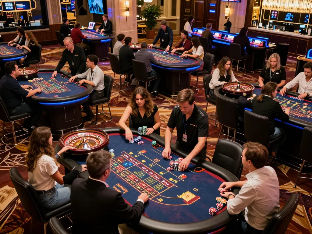Các người chơi LUCK8 ăn mừng chiến thắng tại một bàn roulette sống động trong một sòng bạc sang trọng.