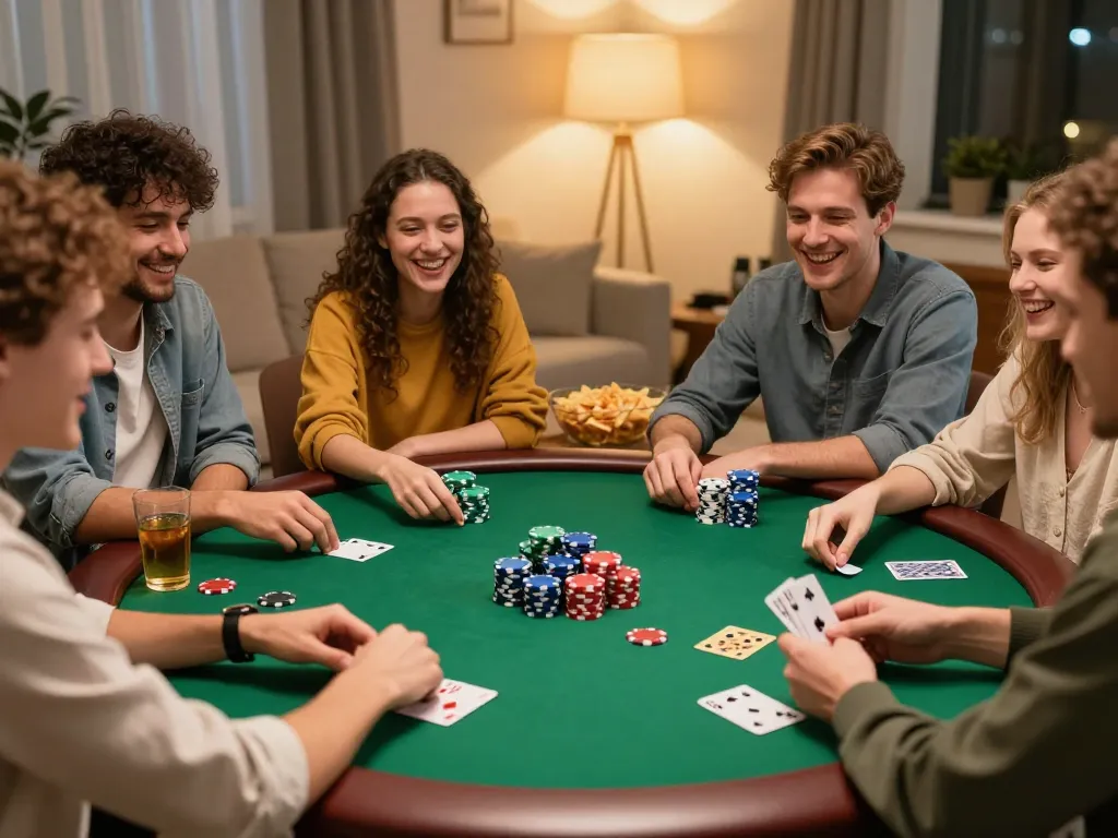 Friends engaging in a poker night, showcasing ty le keo nha cai strategy with colorful chips.