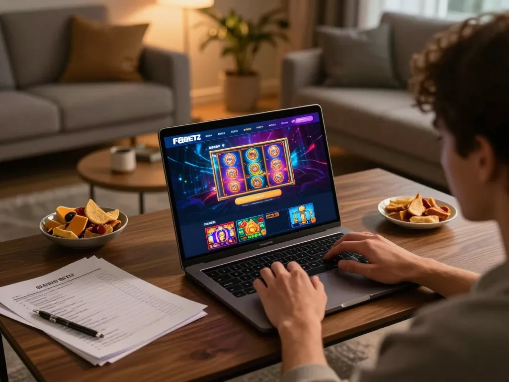 Gaming on f8betz in a cozy home setting, showcasing online casino excitement.