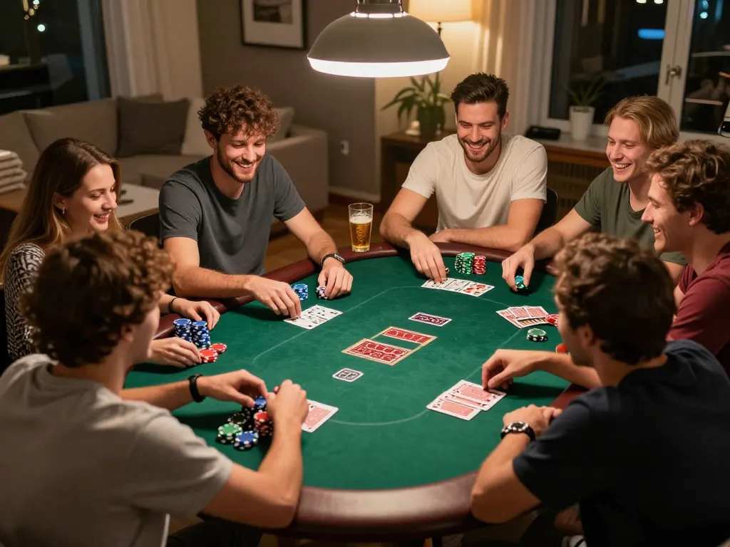 Friends enjoying a lively poker night, engaged in gameplay using qh88go for betting strategies.