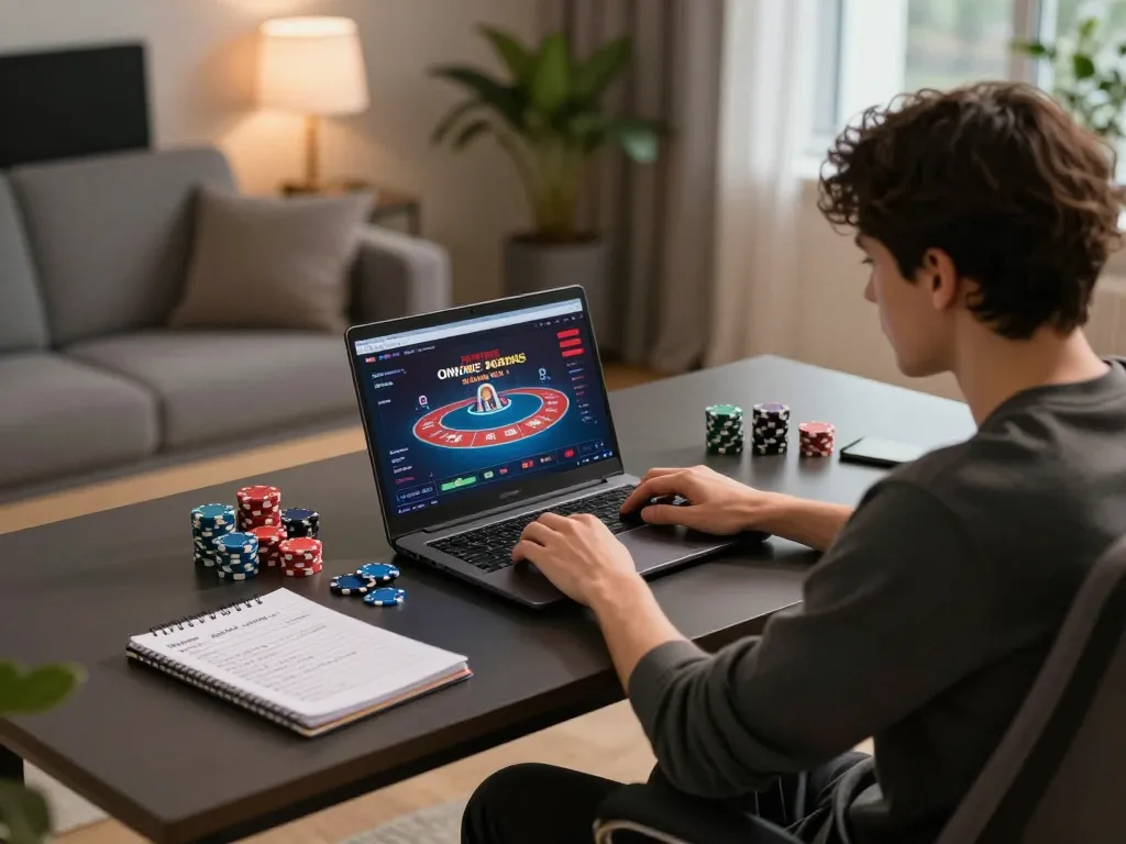 Engaged player using ga6789 online casino app on laptop with poker setup at home.