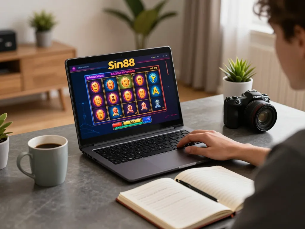 The person engages with the sin88 casino interface on their laptop, showcasing online gambling strategies in a cozy home setting.