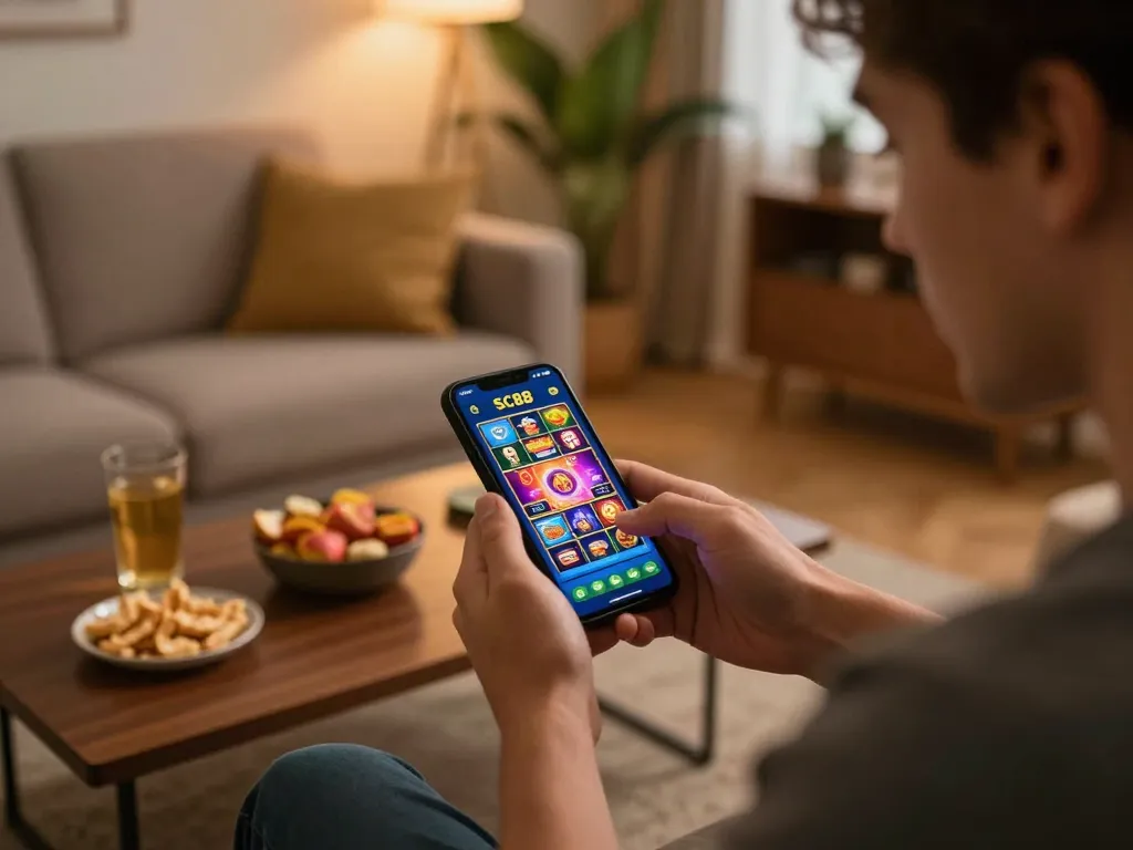 Player using the SC88 app for casino games, showcasing lively mobile gaming experience.