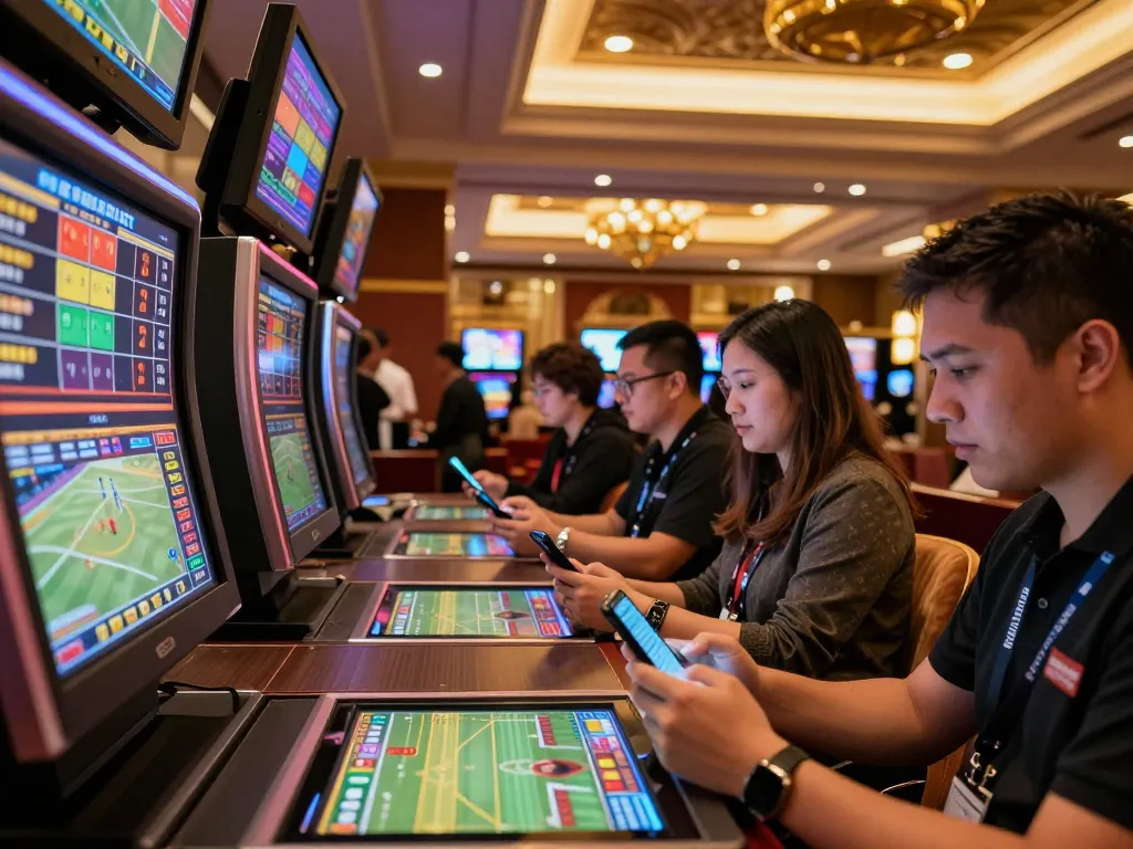 Engaged bettors analyzing live odds and match statistics on sports betting at Bongdallu's upscale casino