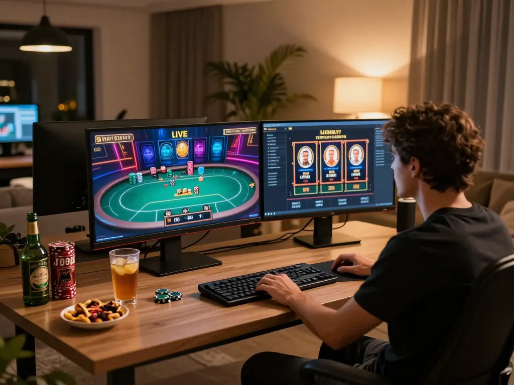 LC88 player enjoying live dealer games on stylish home desk, showcasing dynamic online gaming.