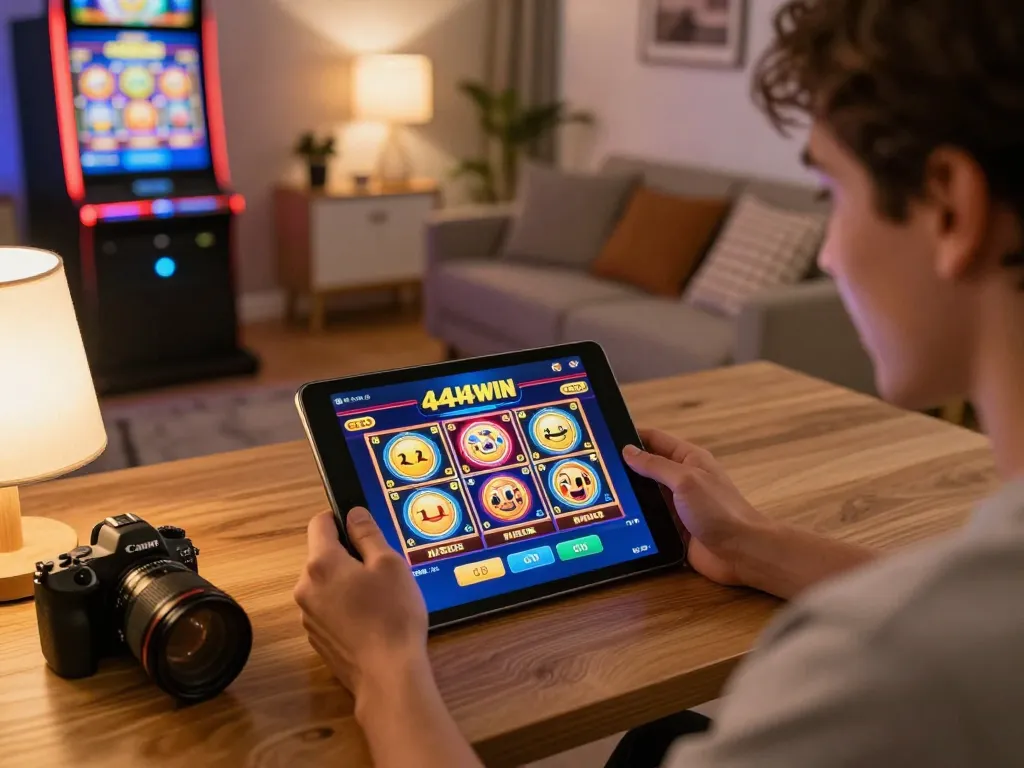 Player enjoying the 4444WIN casino app on tablet in a cozy home setting, demonstrating online gaming excitement.