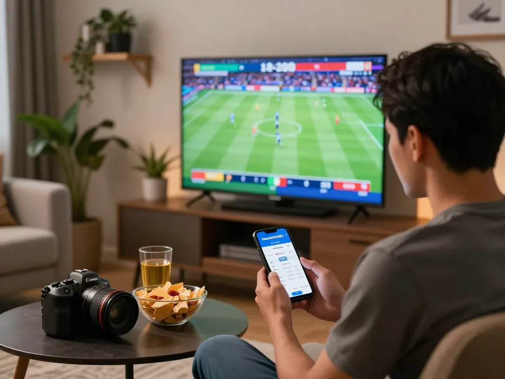 Engaging sports bettor using the keonhacaii88 app on smartphone while watching football.