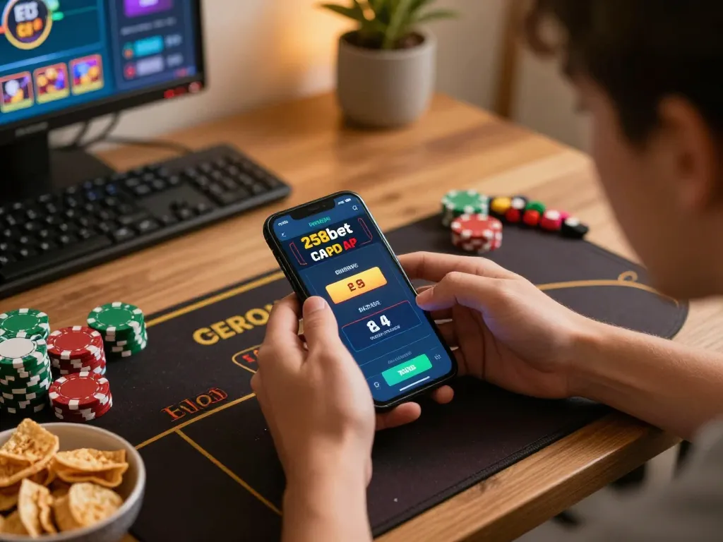 Player placing bets on 258bet app in a cozy home setting, showcasing online gambling excitement.