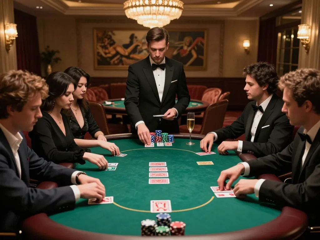 TG88 players strategizing in an elegant poker game, high-stakes atmosphere with chips and cards.