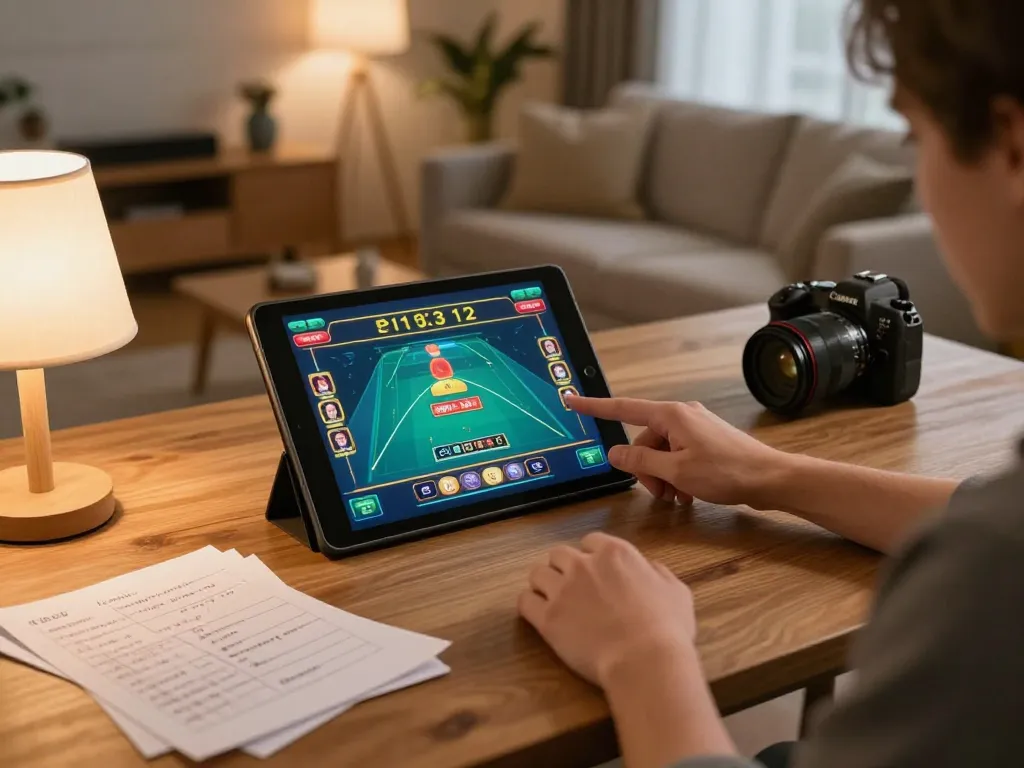Twiin68 user engaging in online gambling game from home, showcasing tablet and strategy notes