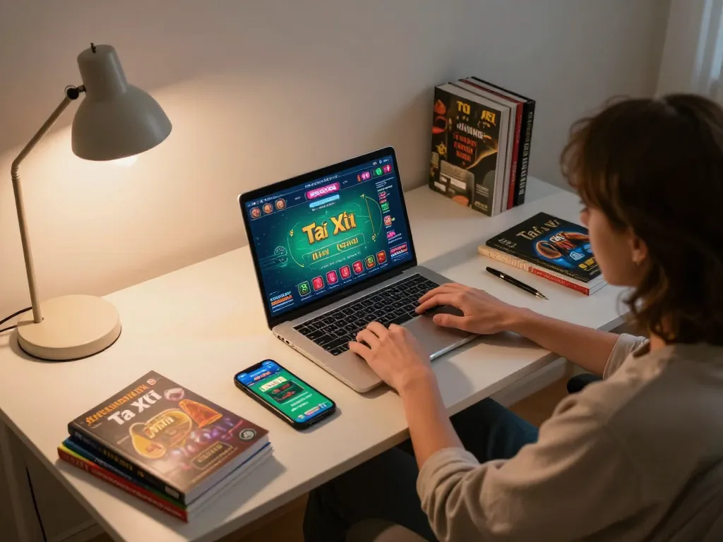 Tai Xiu Online gameplay setup at home, showcasing user engagement with taixiuonline8 interface on laptop.