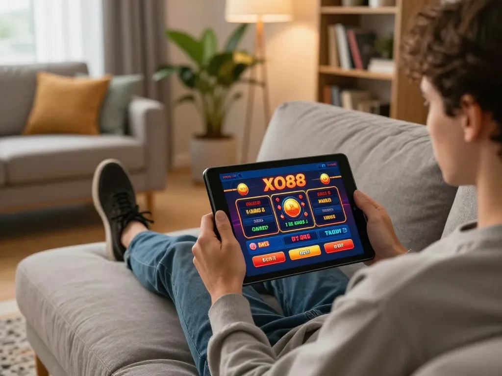 Player engaging with the XO88 online casino app on a tablet, showcasing a dynamic gaming experience.
