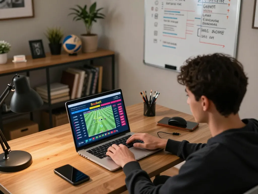 Engage in thrilling sports betting with Socolive through a stylish home office setup showcasing live match streaming