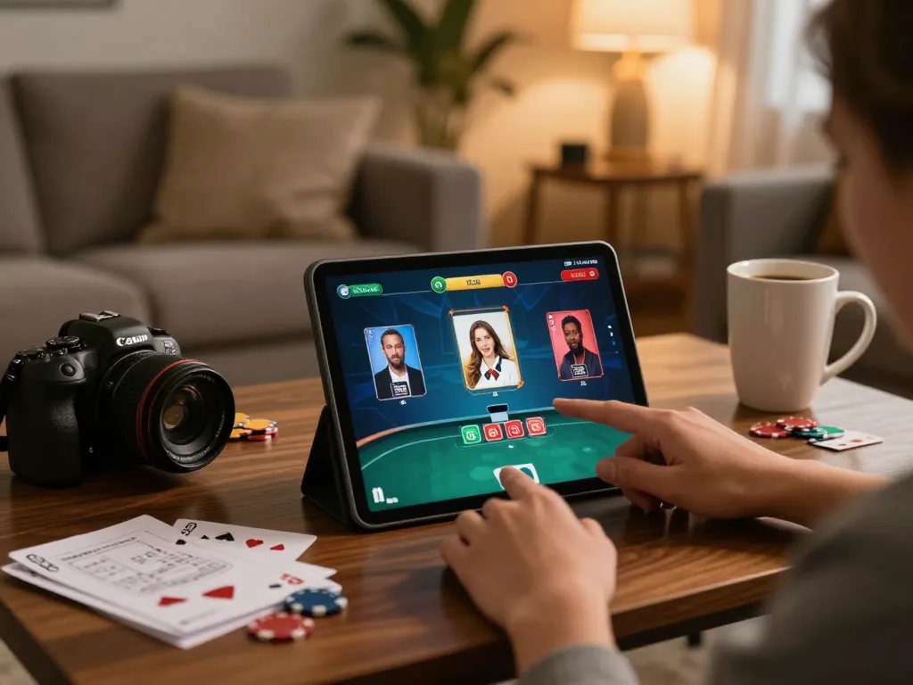 Players enjoying strategic online poker gameplay with 78win app in cozy home setting
