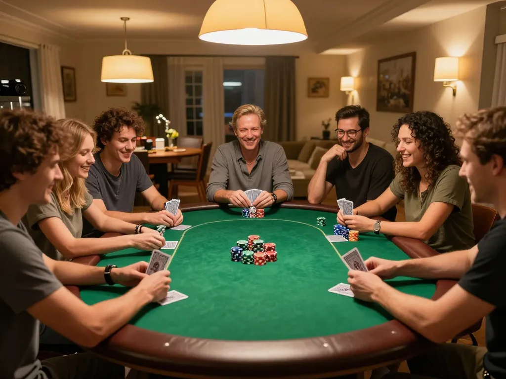 Dabet players enjoying an engaging home poker game night with chips and cards.