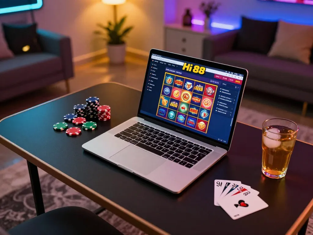 Players enjoying thrilling Hi 88 online slots in a cozy home gaming setup.