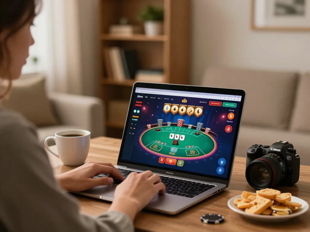 Luck8 gaming setup with a person engaging in online poker, showcasing a cozy home environment.