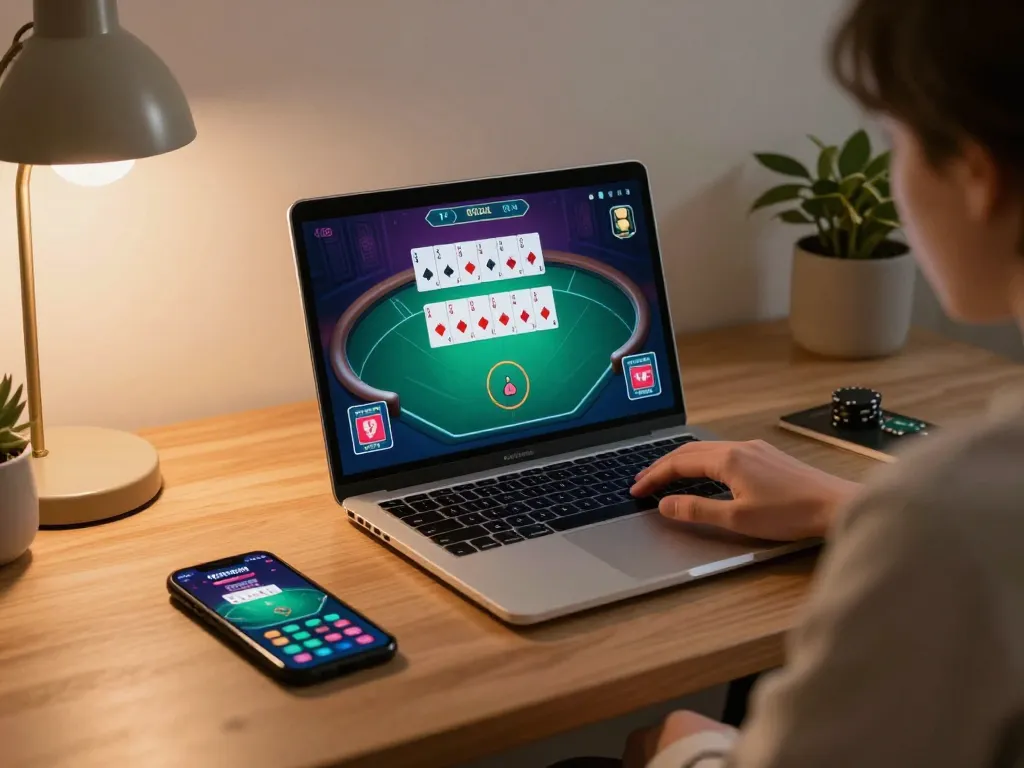 Engaged player strategizing in FIVE88 online poker game, showcasing vibrant graphics and comfortable home setting.