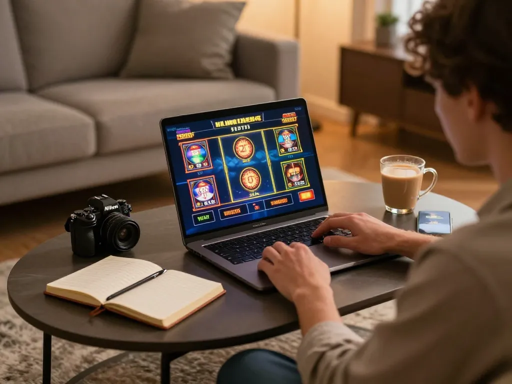 Player enjoying vu88 online slots at home, surrounded by notebooks and a smartphone.