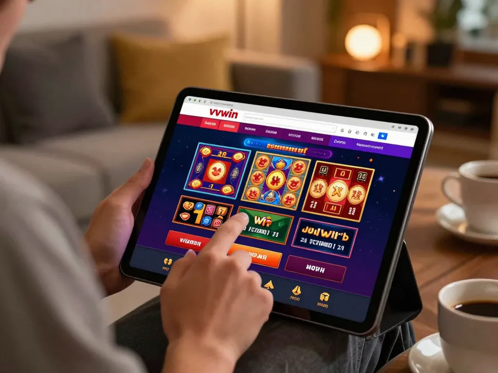 Experience exciting gameplay with vvvwin on a tablet while enjoying a cozy home atmosphere.