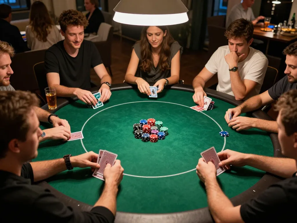 Engaged players enjoying a poker night at home, showcasing BET 168 gameplay in a lively atmosphere.