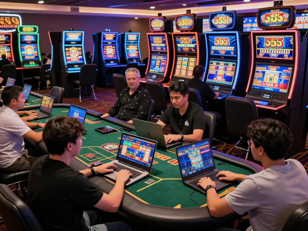 Players enjoying diverse games on 555win's online casino, showcasing vibrant slots and live dealer tables.