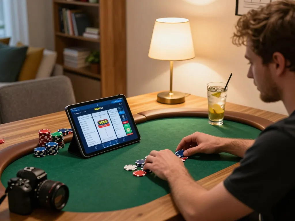 Enjoying poker gameplay with SC88 Plus app on a tablet at home, highlighting a cozy gaming environment