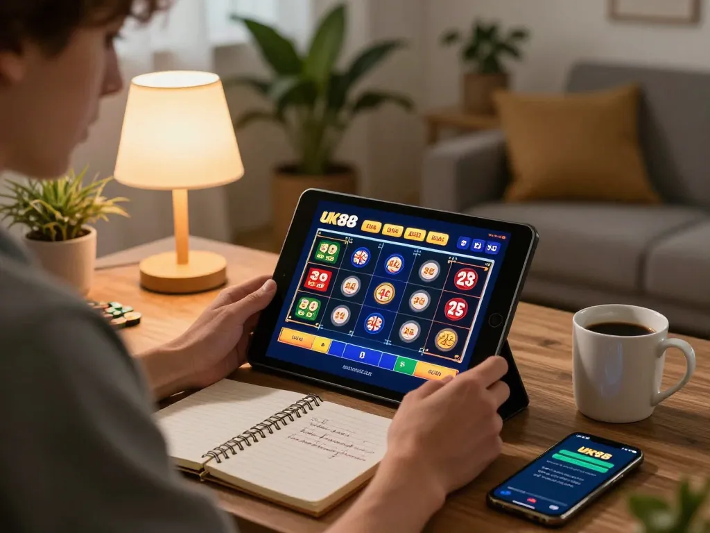 Player engaging with the uk88 online casino gaming interface on a tablet at home, fostering responsible gambling.