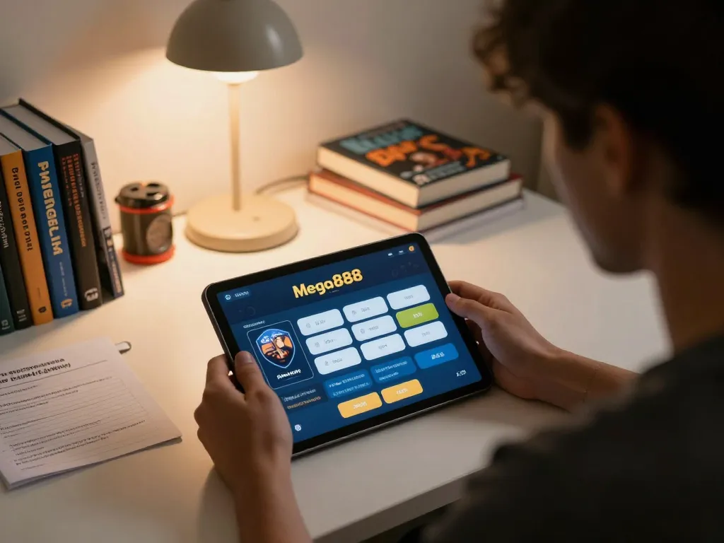 Engaging with mega888 apk on tablet for online gambling strategies in a cozy home setup.