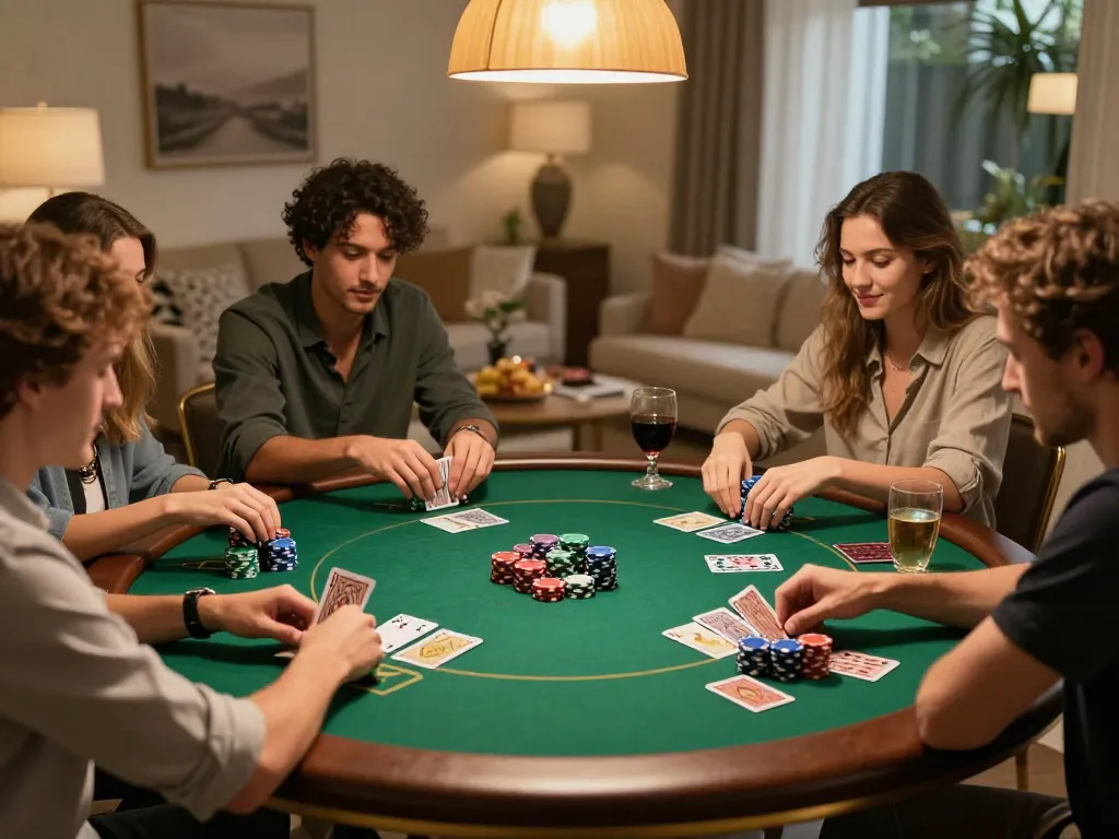 Friends strategizing in a lively poker game at home, focusing on hit-club experience with colorful chips.