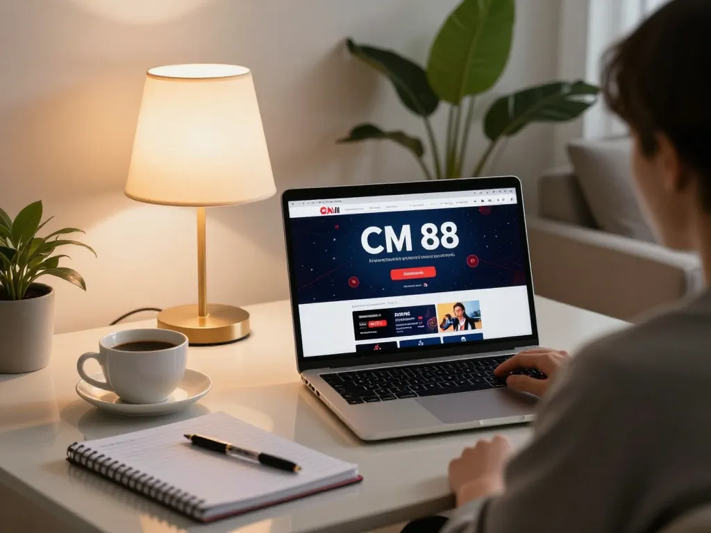 Engage with CM 88 for online casino gaming in a cozy home environment, showcasing responsible gambling.