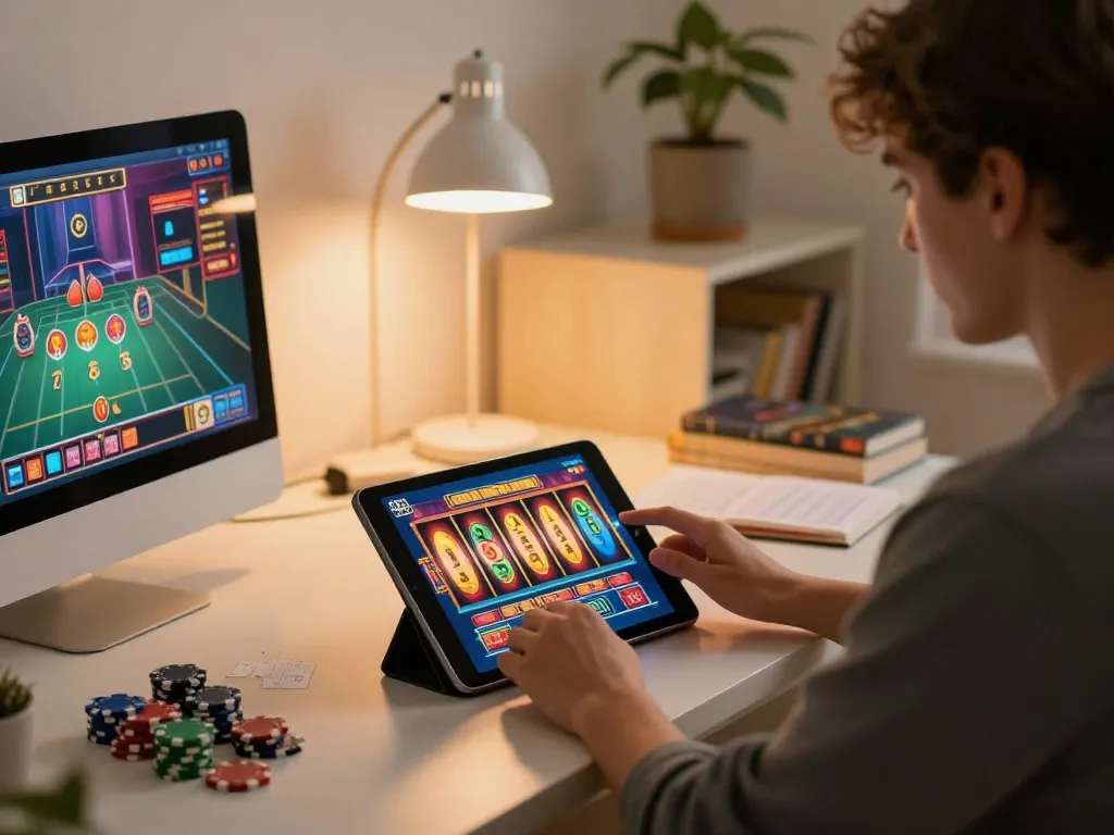 Engaging in online slots gaming at home with vin88az app on tablet, surrounded by chips and notes.
