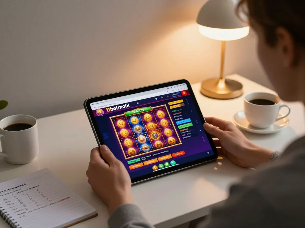 Engaging home gambling scene with 11betmobi casino app on tablet and betting strategy notes