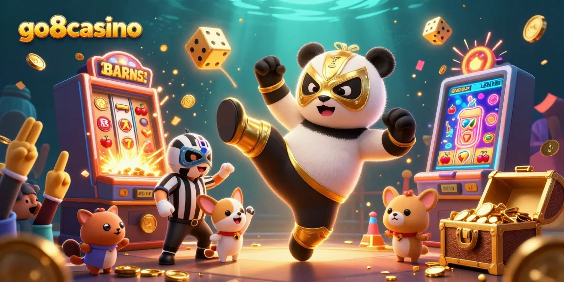 Experience thrilling action at go8casino with a wild panda wrestler and exciting casino elements.