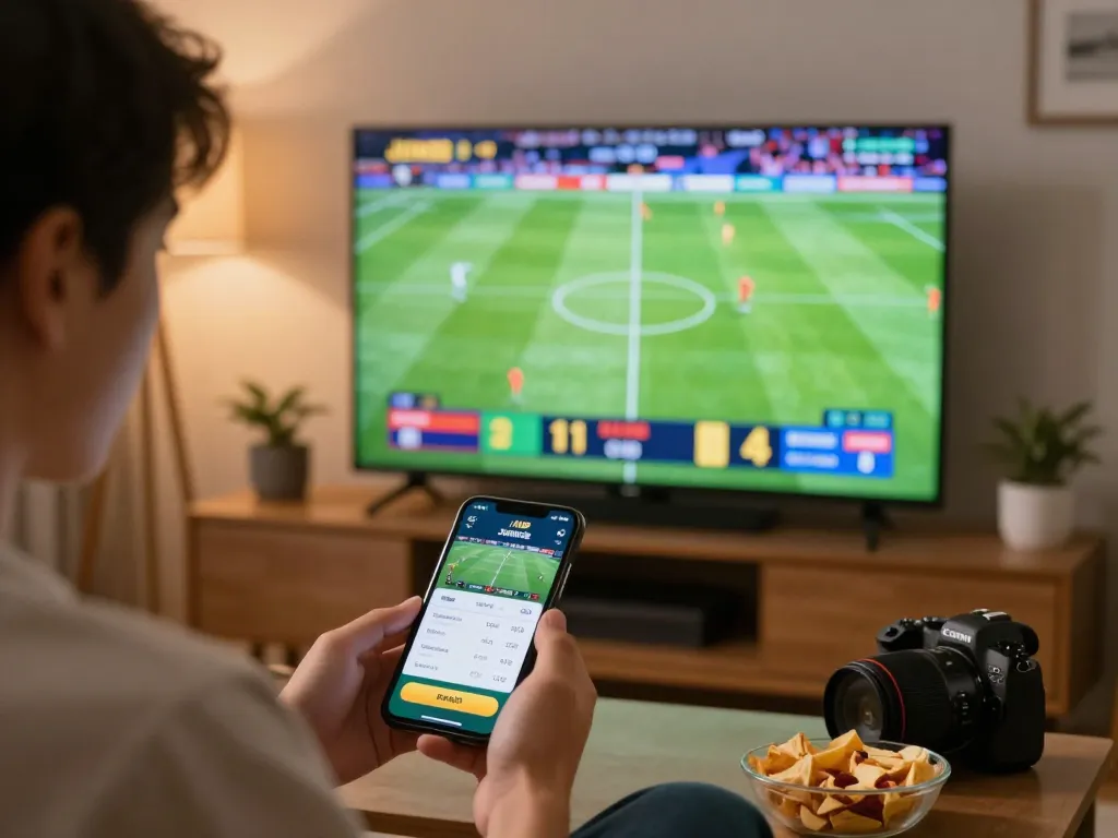 Engaging in live sports betting with JUN88 app while watching a match on TV.