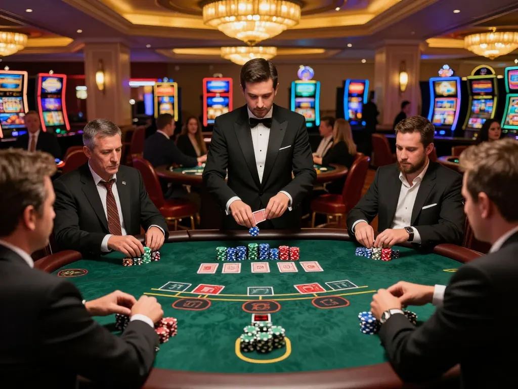 Watch players strategize and bet at the blackjack table in a glamorous ta88e casino atmosphere.