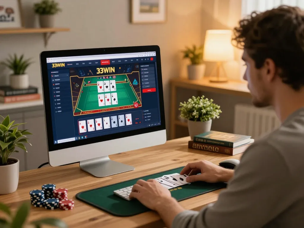 Experience strategic gaming with 33WIN on a warm home setup, showcasing poker and chips.