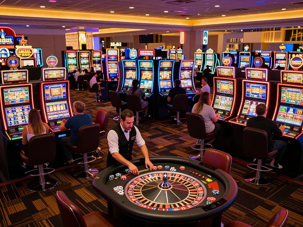 Players enjoying vibrant slot machines and roulette at hoiquantv247 casino, capturing the excitement of gaming.